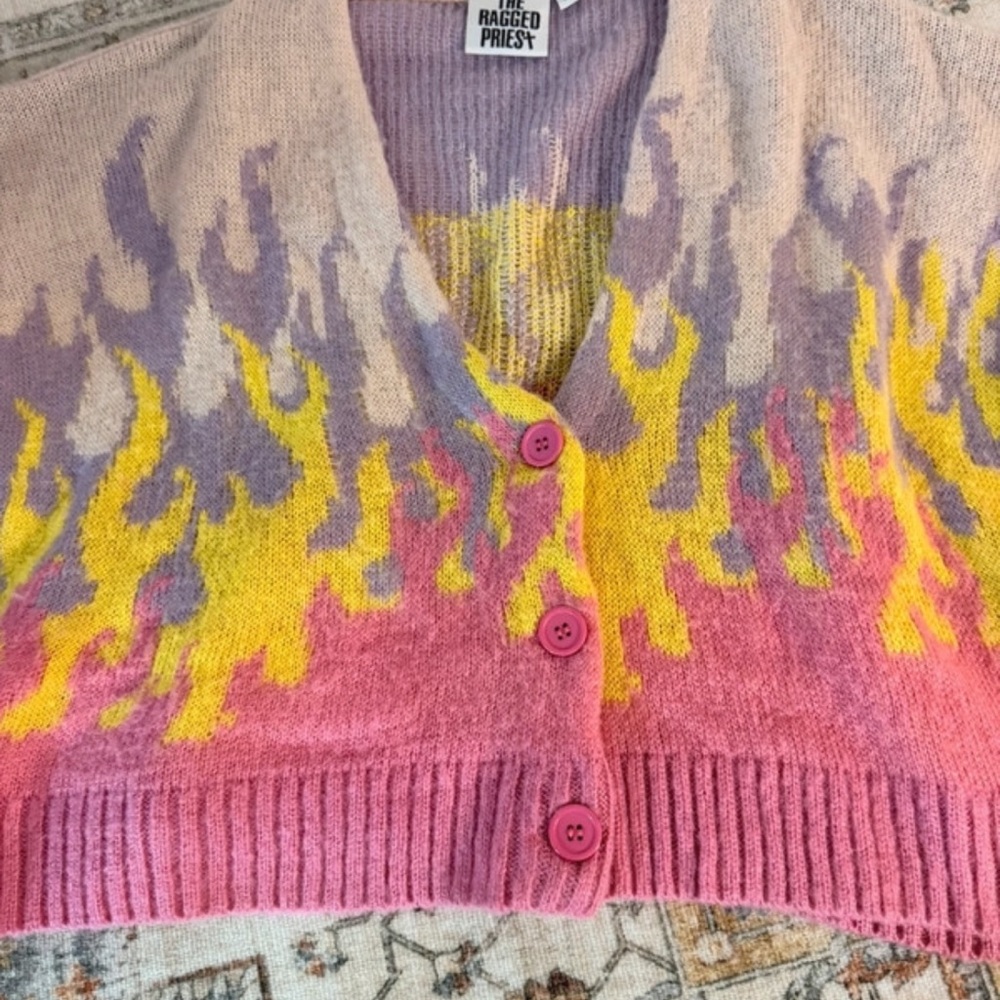 The Ragged Priest Pink Yellow Lavender Flame Knit Cardigan